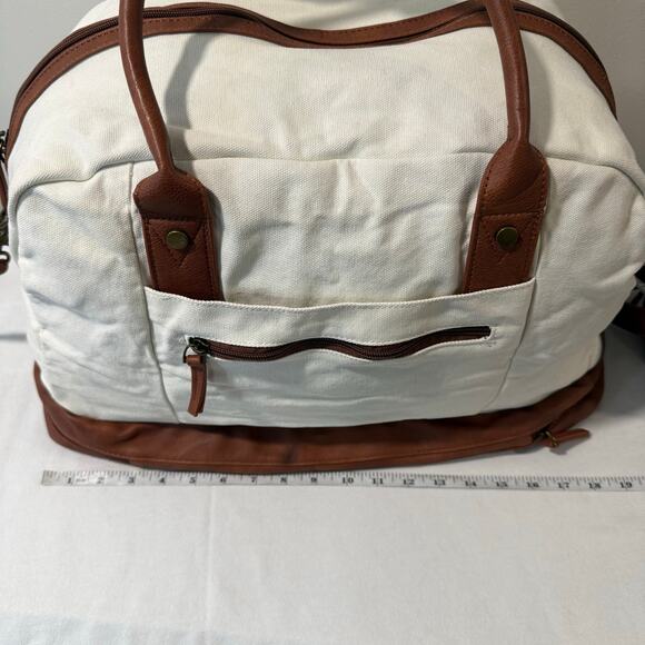 Canvas Weekender Duffle Bag Cream Brown Shoe Compartment Travel - Picture 8 of 13